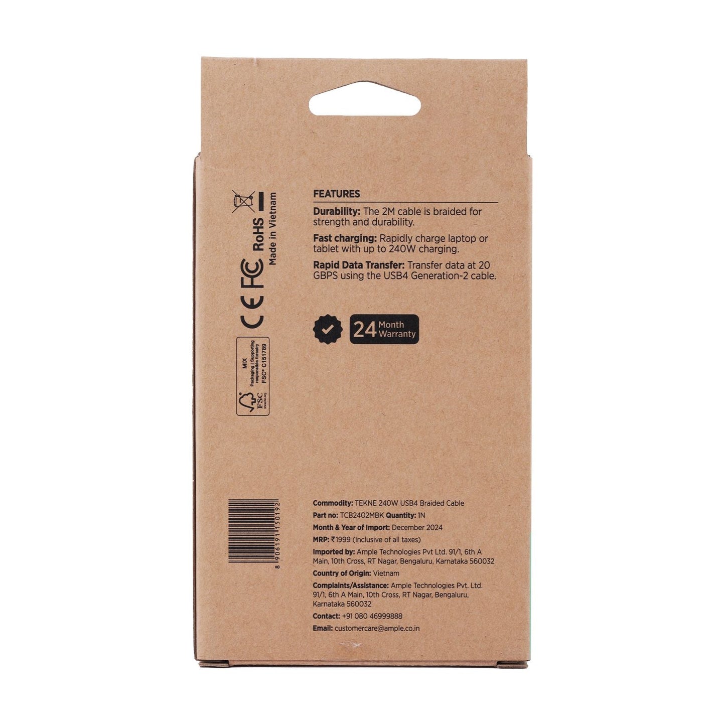 Tekne 240W USB4 Braided Cable | Ultra-Fast Charging & 20Gbps Data Transfer | Durable 2m Cable 